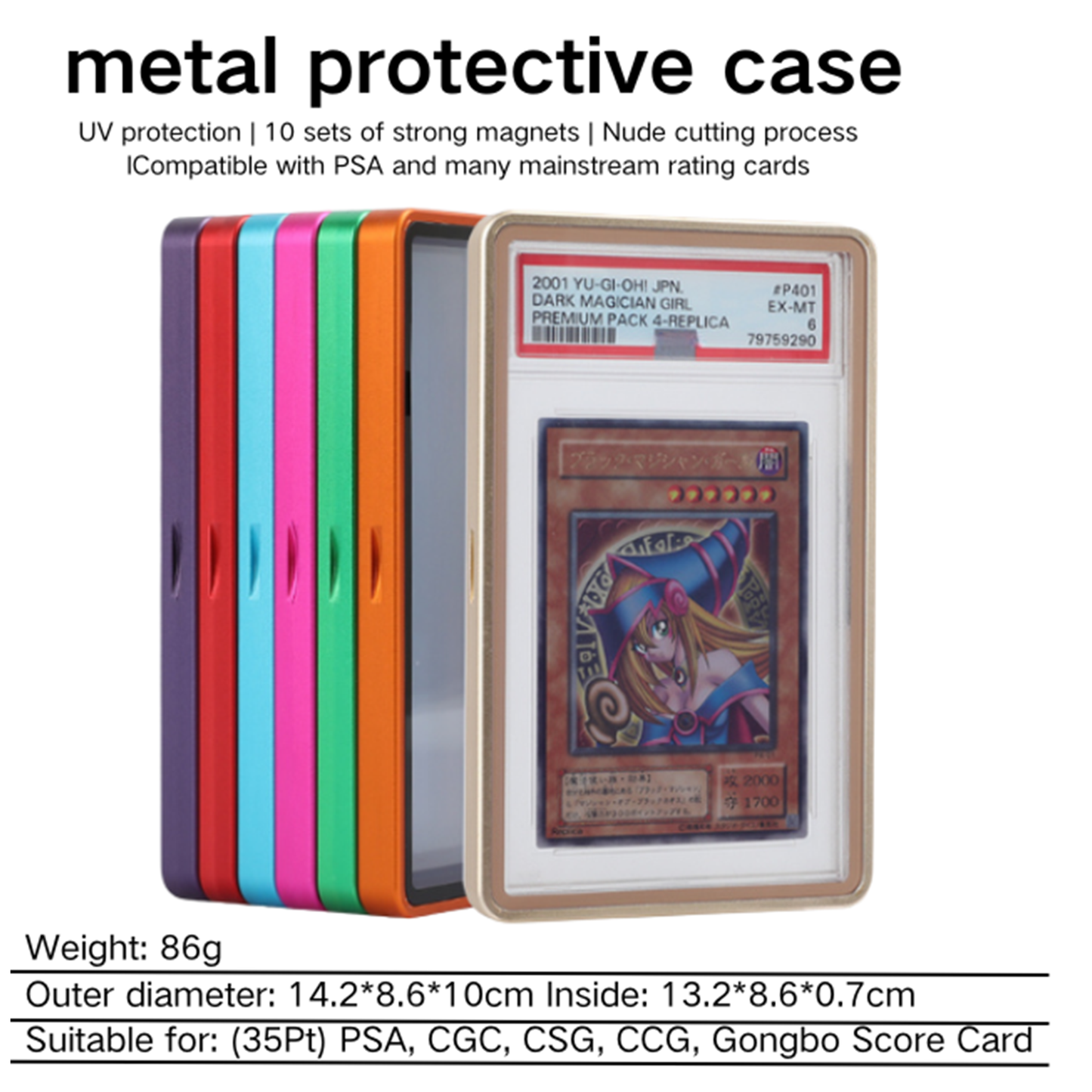Metal protective case for trading cards with colorful sides and a card inside.