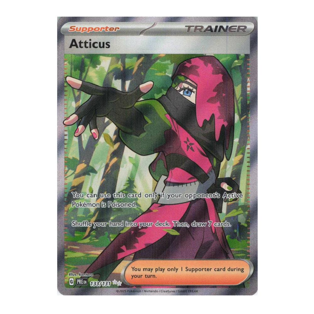 A single Pokémon trading card featuring the Atticus character, a Supporter Trainer card from the Eevee expansion. The card has a silver holographic border and depicts a ninja in a green and pink outfit against a forest background.