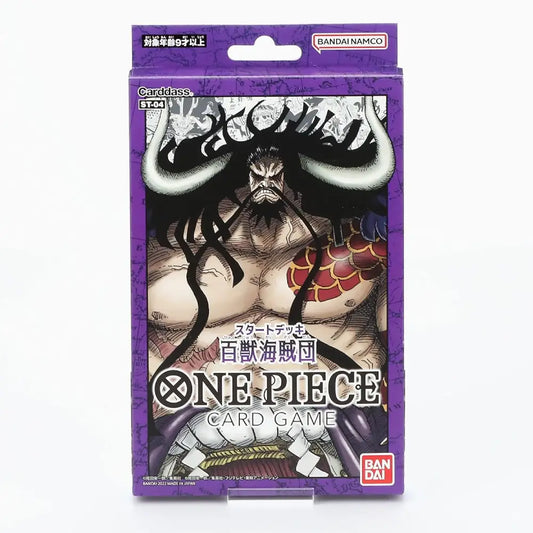 One Piece Card Game card deck box featuring the character Blackbeard on a purple background, with Bandai and Banpremo logos visible.