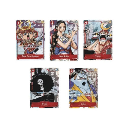 Five trading cards featuring animated characters on a white background