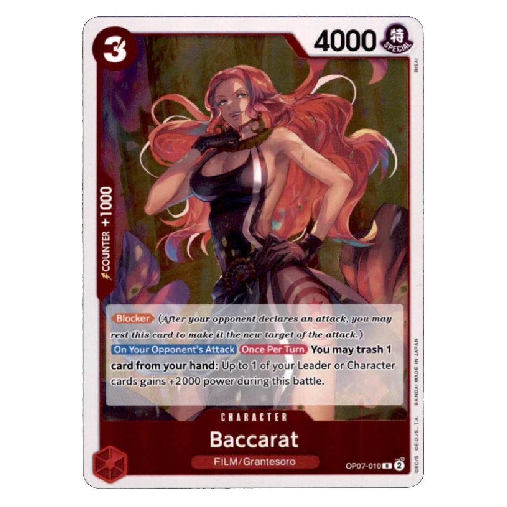 A single trading card featuring anime-style artwork of a woman with long red hair, labeled 'Baccarat' and 'Character' on a dark red border. The card includes game text boxes, a power value of 4000, and a 3 symbol in the top left.