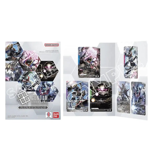 Gundam Collection trading card display box and several sample cards shown on a white background. Visible branding includes Bandai and Gundam.