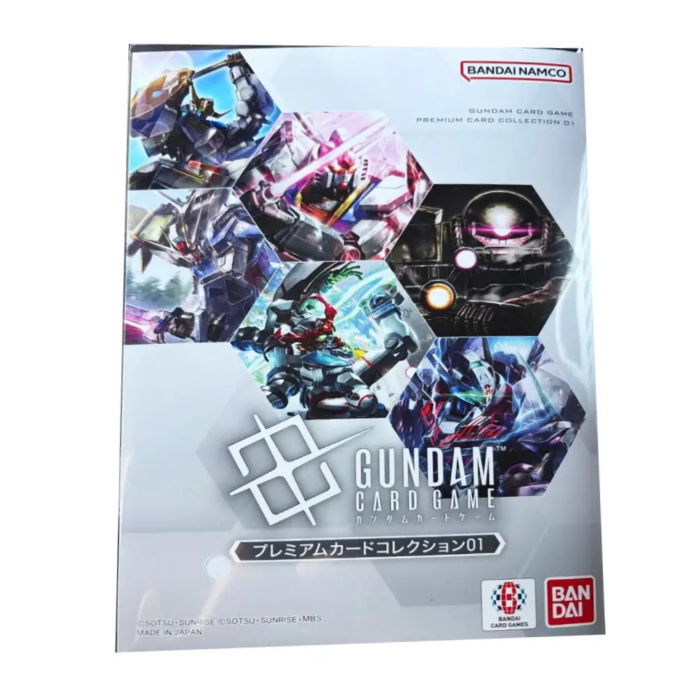 Bandai Namco Gundam Card Game Premium Card Collection 01 box set featuring colorful mecha illustrations on a white background.