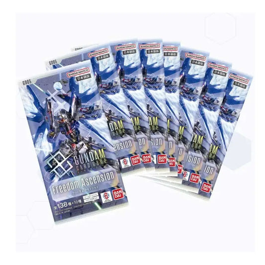 Six packs of Bandai Gundam Construction 1/12 scale model kits, featuring the 'Freedom Ascension' theme, arranged in a fan shape on a white background.