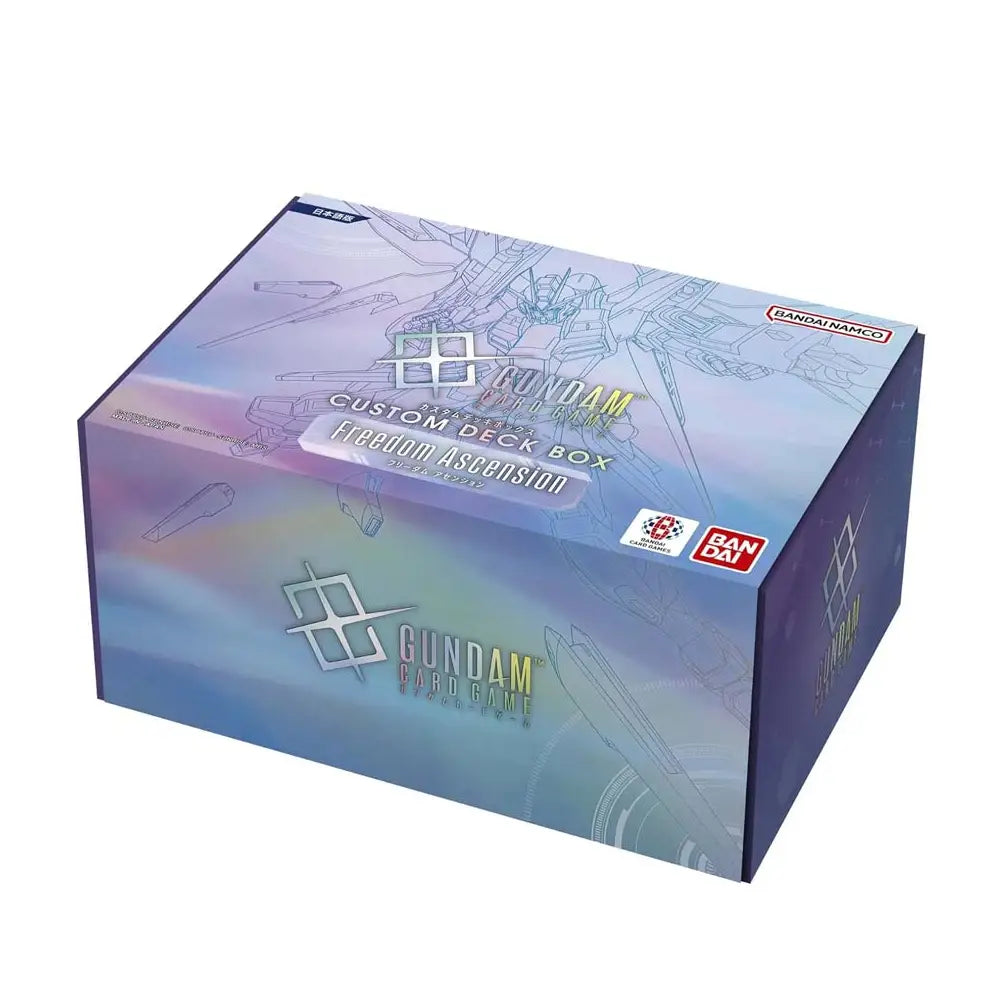 Bandai Namco Gundam Custom Deck Box: Freedom Ascension trading card box shown at an angle on a plain white background.