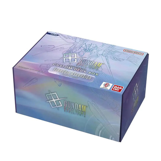 Bandai Namco Gundam Custom Deck Box: Freedom Ascension trading card box shown at an angle on a plain white background.