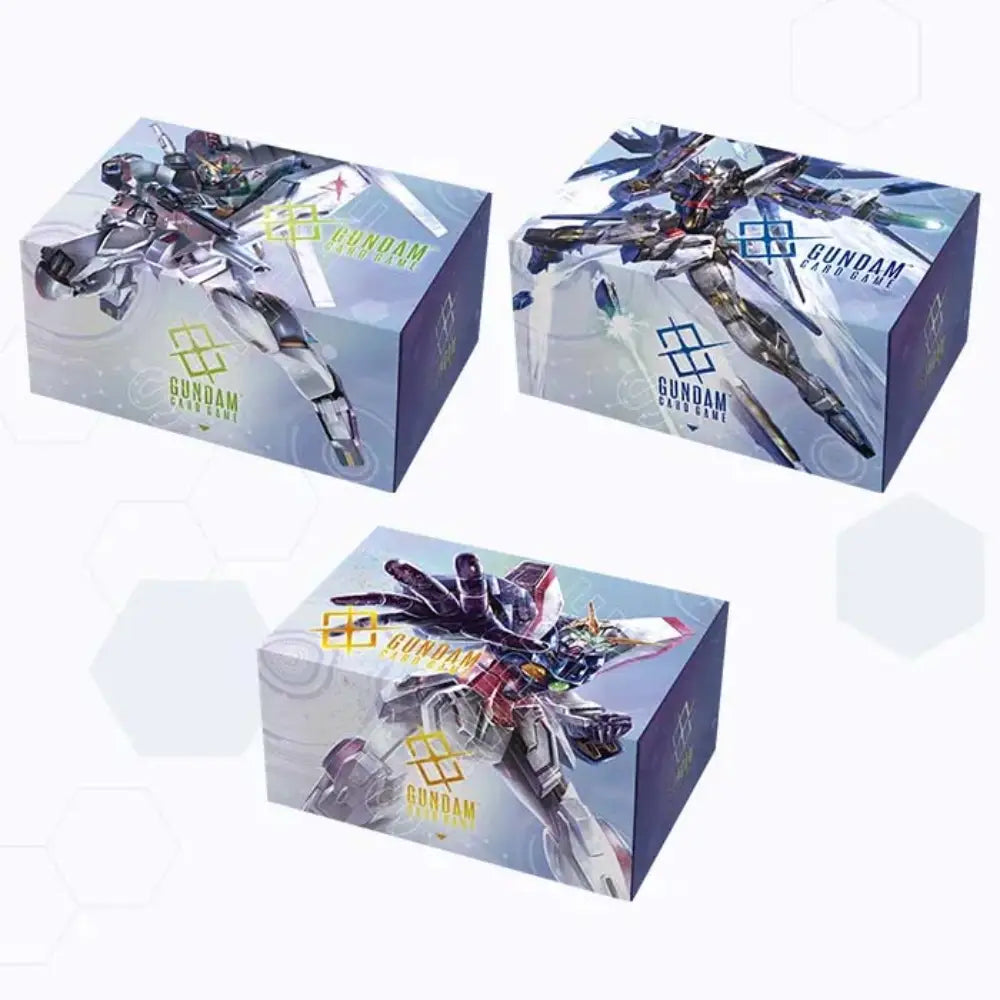 Three Gundam-themed product boxes arranged on a light gray background, each featuring a different mecha robot illustration and the word GUNDAM on the front.