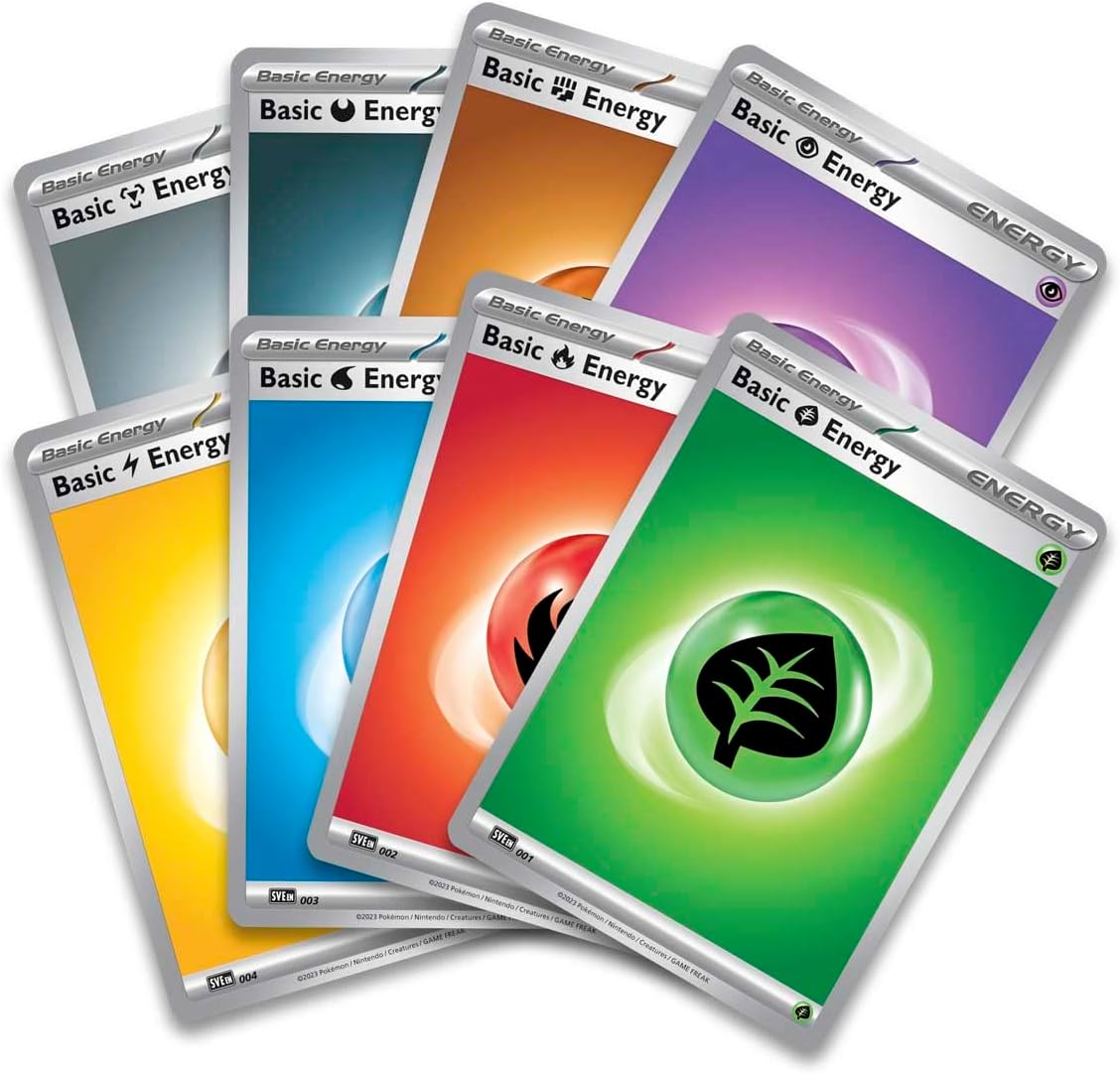 Collection of 'Basic Energy' trading cards in various colors on a white background