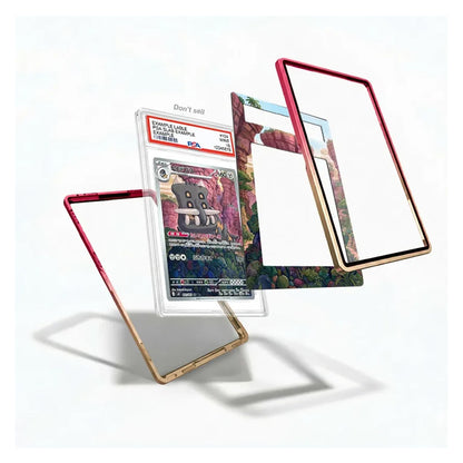 Three transparent phone case frames with colored borders are displayed floating around a graded Pokémon card on a clean white background. The frames have red, gold, and black borders, and one has a multicolor landscape print.