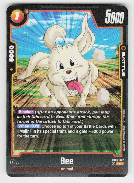Dragon Ball Super Fusion World card of Bee (FB04-087) from the Premium Squad set, featuring Majin Buu’s loyal canine companion in a yellow character card design.