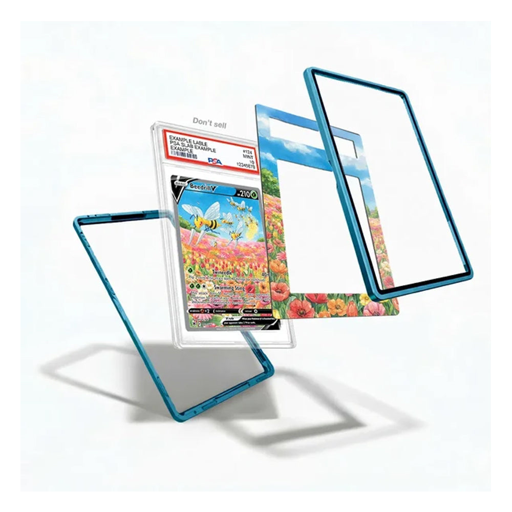 A set of custom Pokémon trading card sleeves and protective cases with a translucent blue border and a colorful floral field design, shown floating around a graded card on a white background.