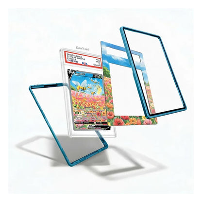 A set of custom Pokémon trading card sleeves and protective cases with a translucent blue border and a colorful floral field design, shown floating around a graded card on a white background.