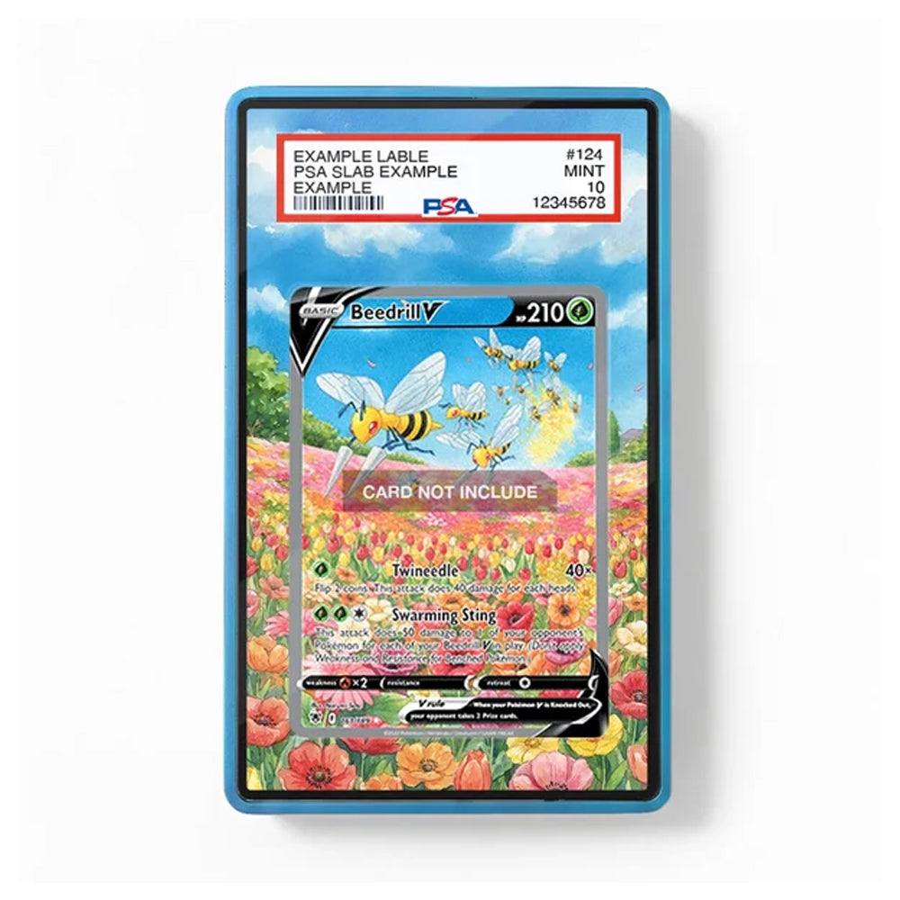A PSA graded protective card slab containing a Beedrill V trading card, shown against a plain white background. The slab has a blue border and a white PSA label at the top with grading details.