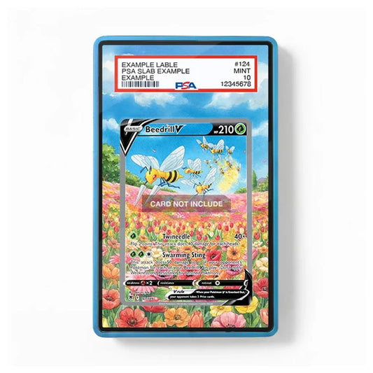 A PSA graded protective card slab containing a Beedrill V trading card, shown against a plain white background. The slab has a blue border and a white PSA label at the top with grading details.