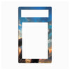 A rectangular decorative plate or frame insert with two cutouts, featuring an illustrated fantasy scene in blue, orange, and brown tones, shown on a plain white background.