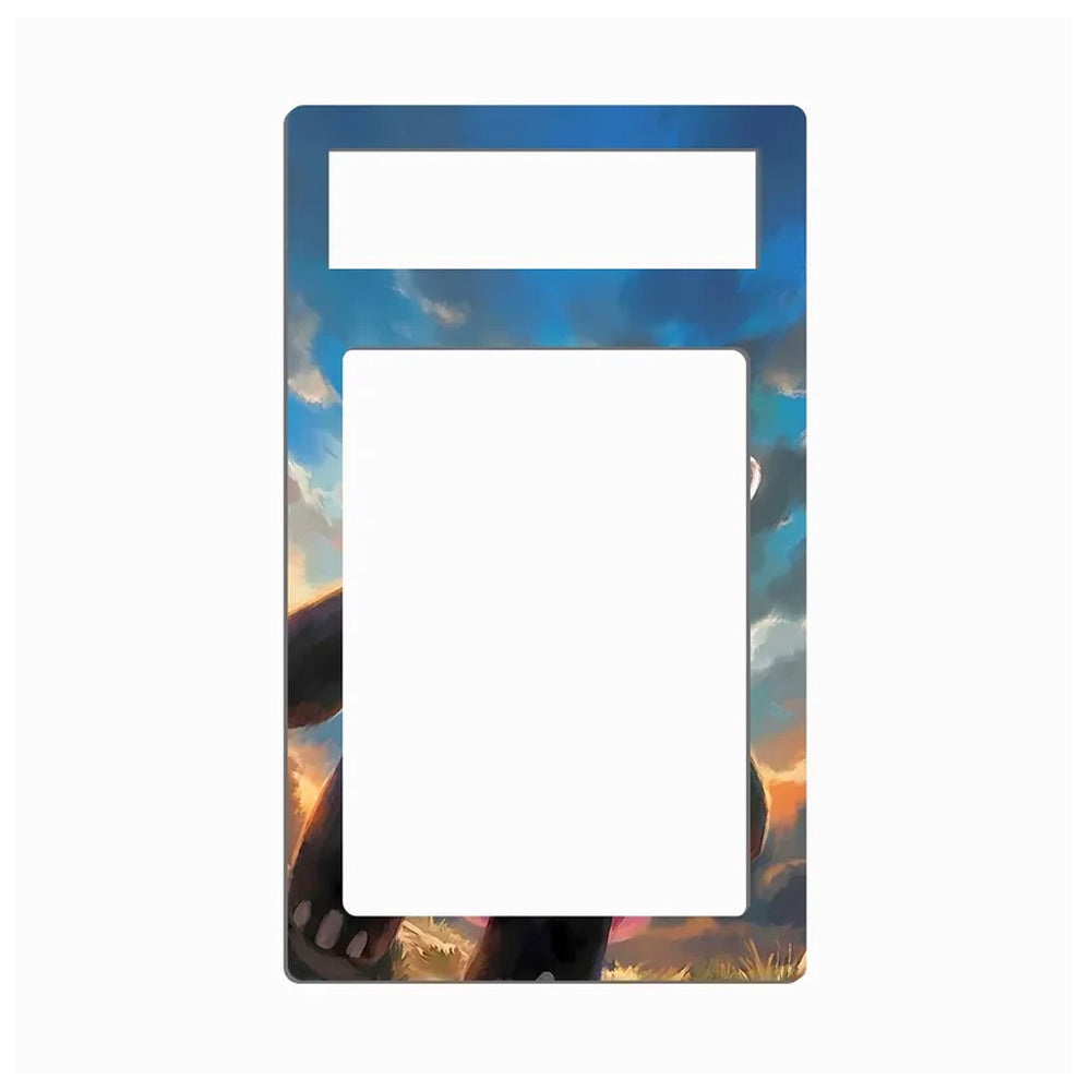 A rectangular decorative plate or frame insert with two cutouts, featuring an illustrated fantasy scene in blue, orange, and brown tones, shown on a plain white background.