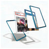 A clear protective case with a metallic blue frame shown in multiple exploded views, including one standing as a stand and one fitted over a Pokémon trading card. The product is photographed on a clean white background with soft shadows.