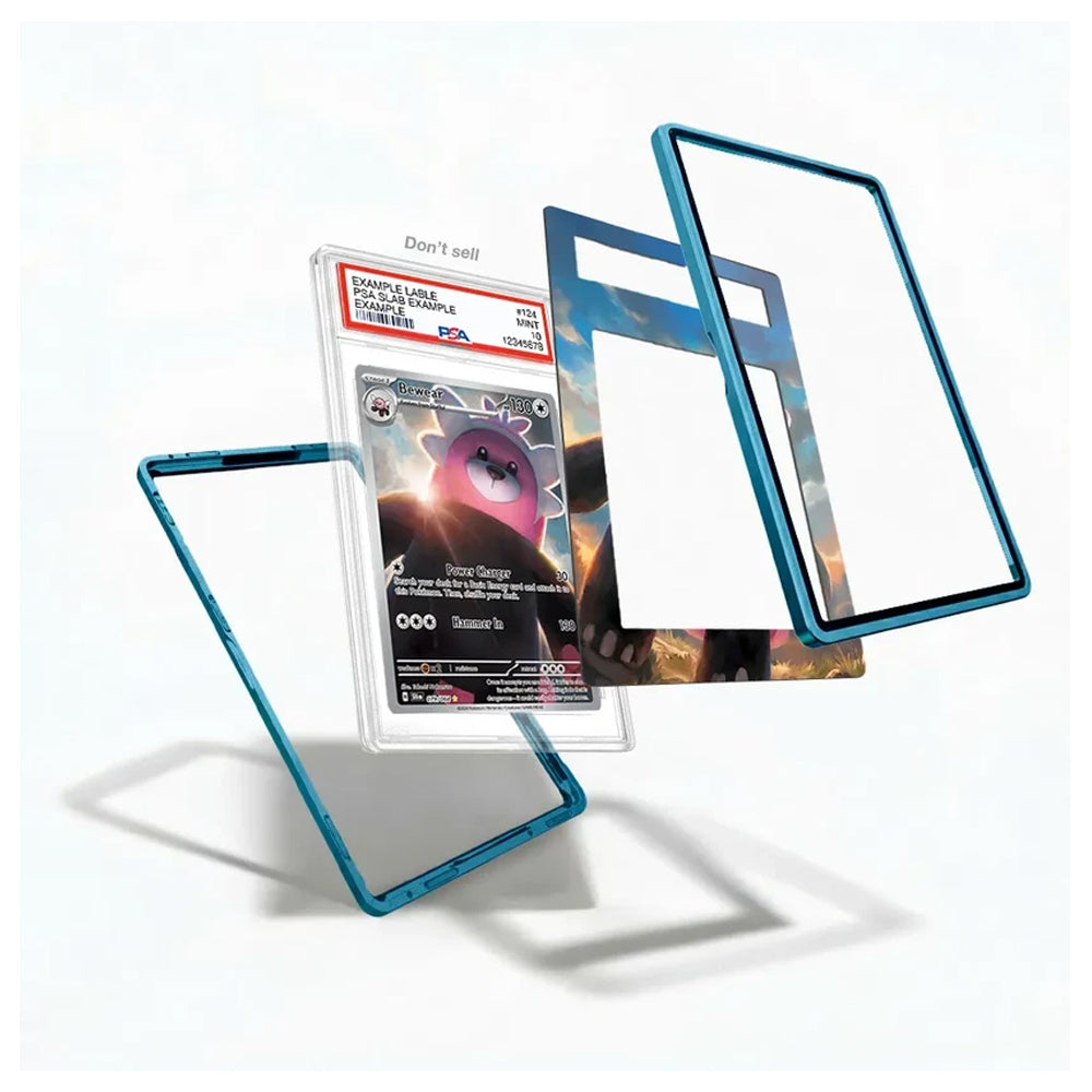 A clear protective case with a metallic blue frame shown in multiple exploded views, including one standing as a stand and one fitted over a Pokémon trading card. The product is photographed on a clean white background with soft shadows.