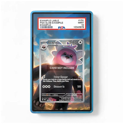 A PSA graded protective card case containing a mockup of a Pokémon card featuring a pink creature, with the text 'CARD NOT INCLUDE' on the card face and a PSA slab label visible at the top.