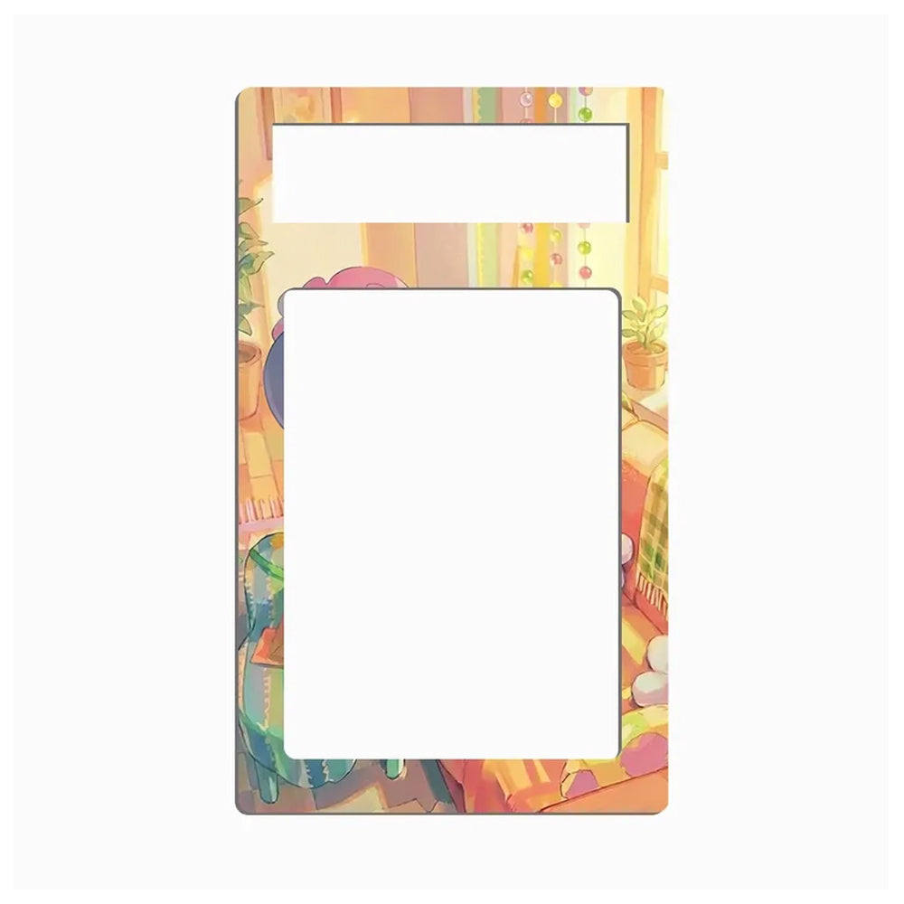 A decorative rectangular frame or magnet board with two cutouts, featuring a colorful pastel illustration of a cozy room with plants and warm-toned furniture. The center cutout is blank white, and the top cutout is also blank white.