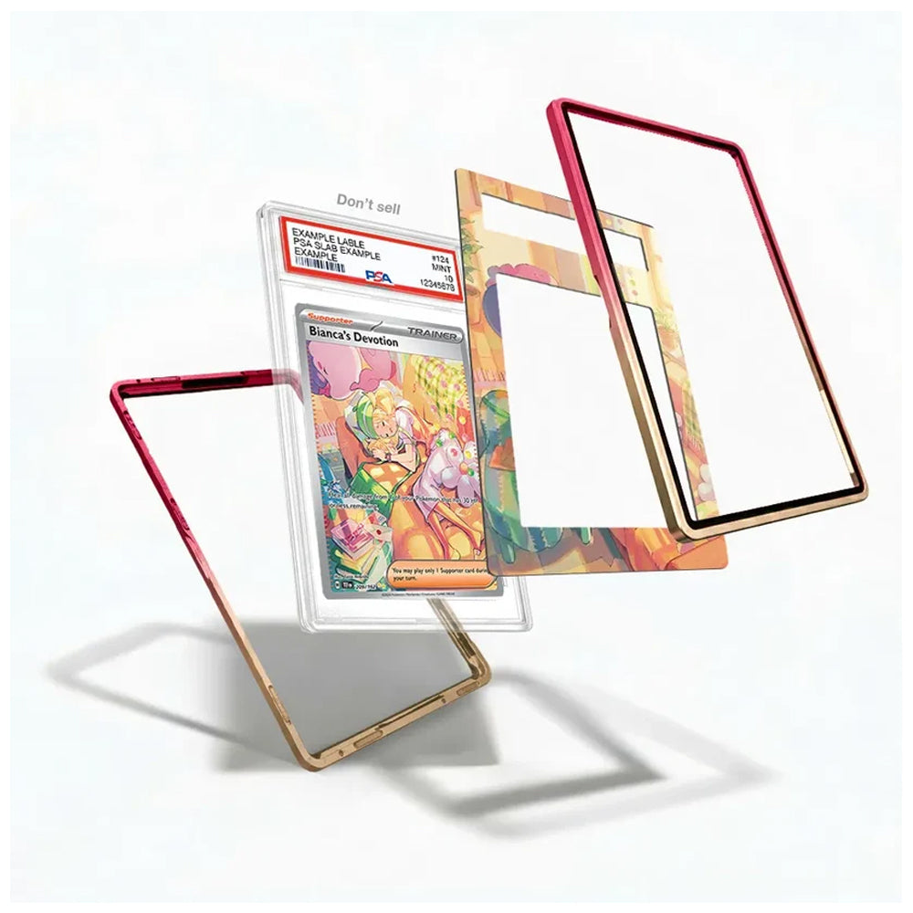 A set of colorful protective card sleeves and frames shown floating around a graded Pokémon TCG card on a clean white background. The product includes multiple transparent and colored frames in red, gold, and black, designed to protect a card.