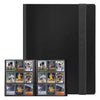 Black card album with trading cards of athletes on a white background