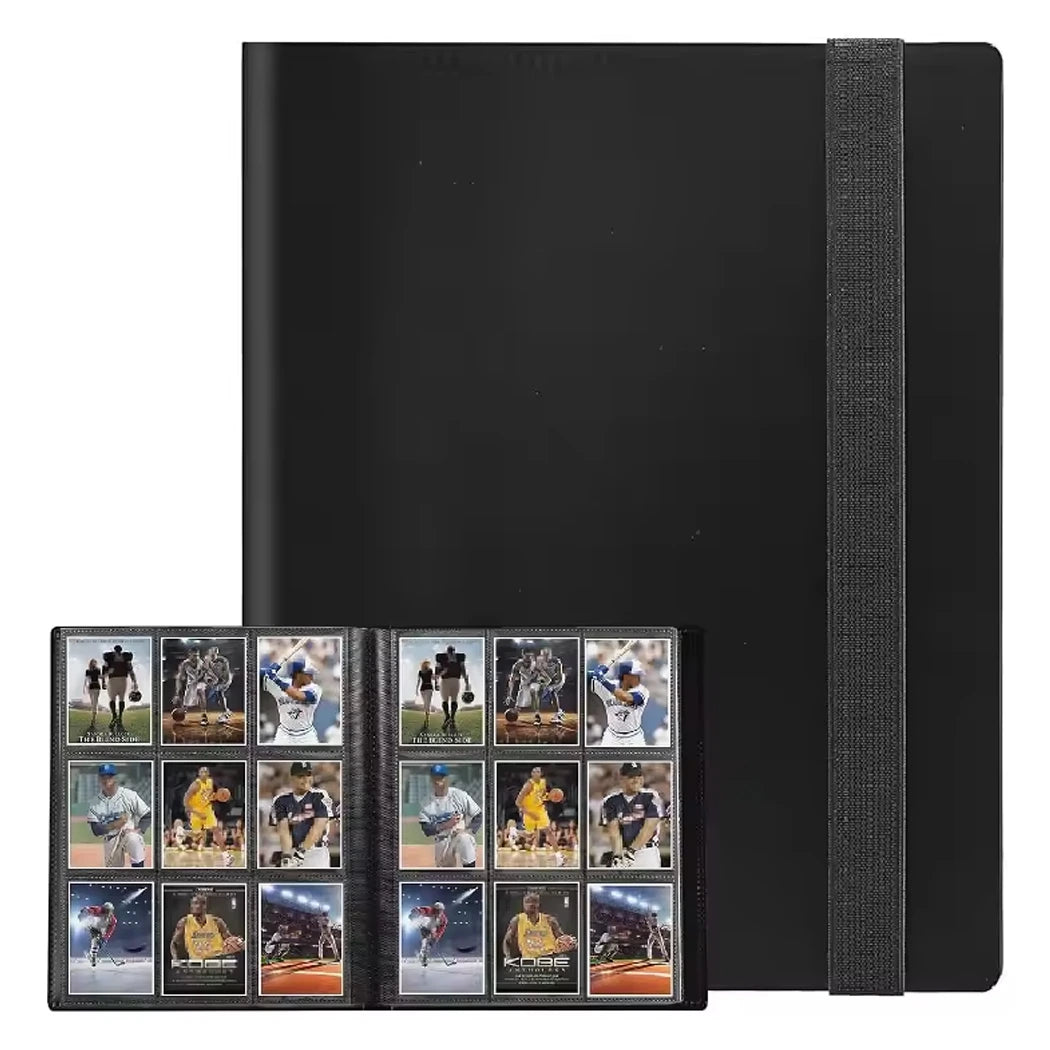 Black card album with trading cards of athletes on a white background