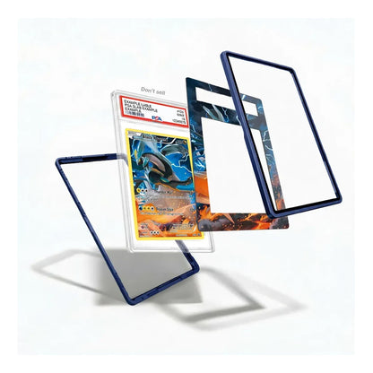 Three clear acrylic card protectors with dark blue borders are shown floating around a graded Pokémon TCG card in a clear slab on a white background.