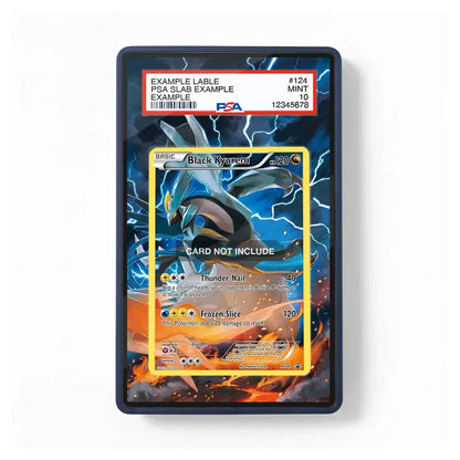 A PSA graded display cable featuring a Black Veigar holographic Pokémon card, shown against a clean white background. The cable has a dark blue border and a red PSA grading label at the top.