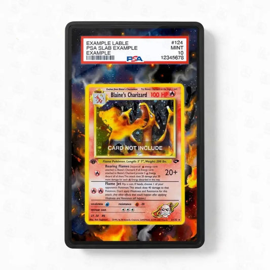 Pokémon trading card in a protective frame with label