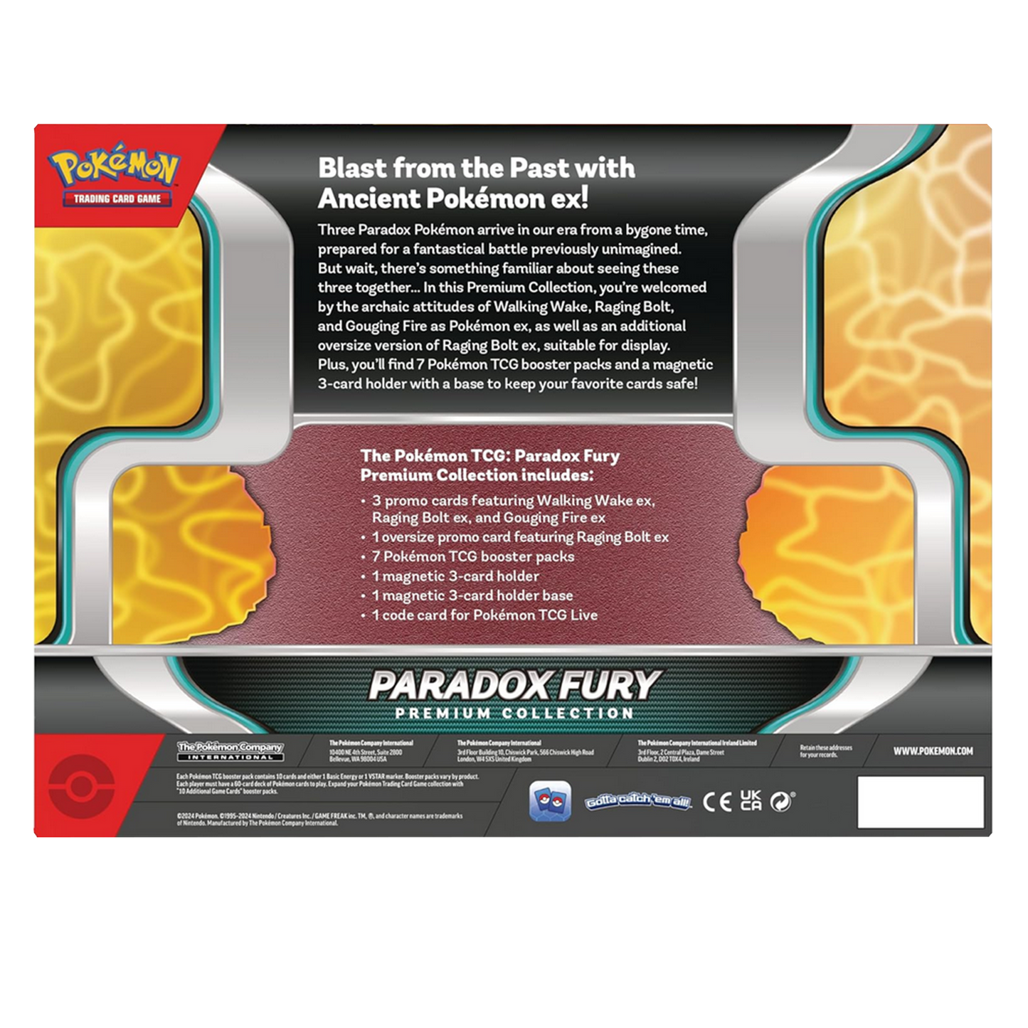 Pokémon Paradox Fury premium collection packaging with text and graphics.