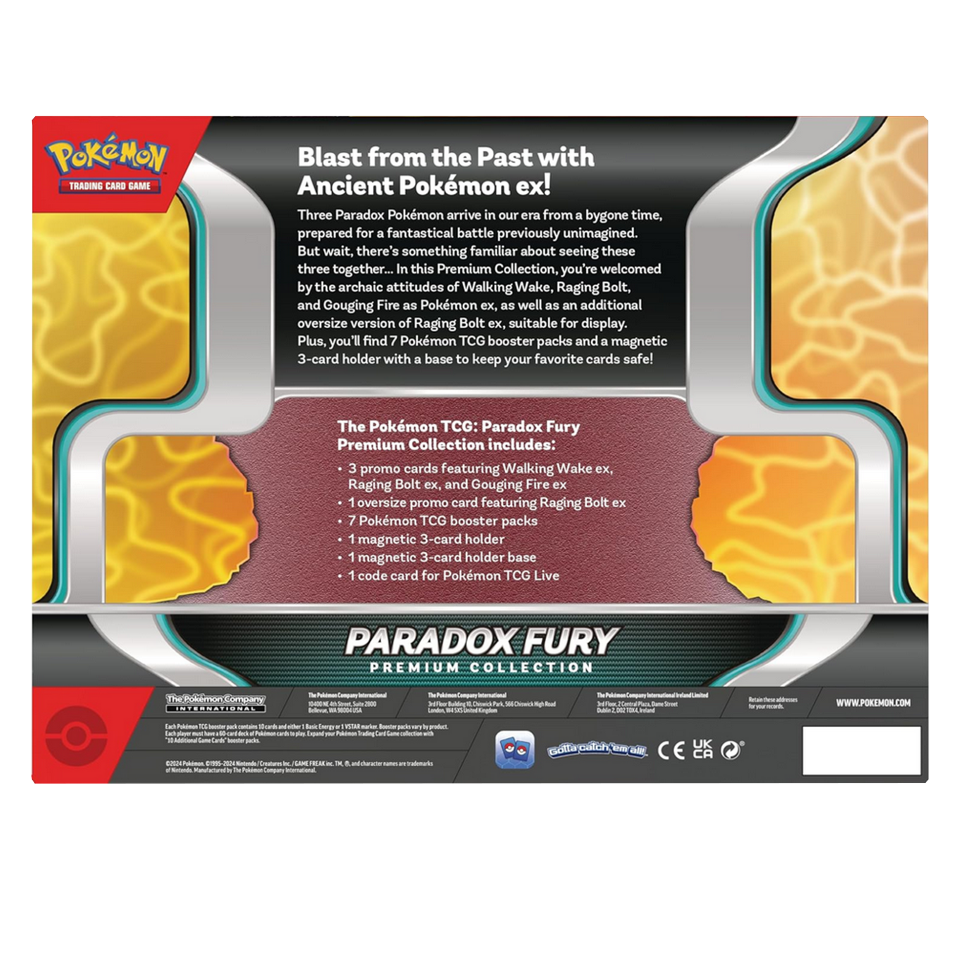 Pokémon Paradox Fury premium collection packaging with text and graphics.