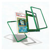 A clear acrylic display card case with a green glittery border, shown in an exploded view with three separate panels and a graded Pokémon card inside, on a white background.