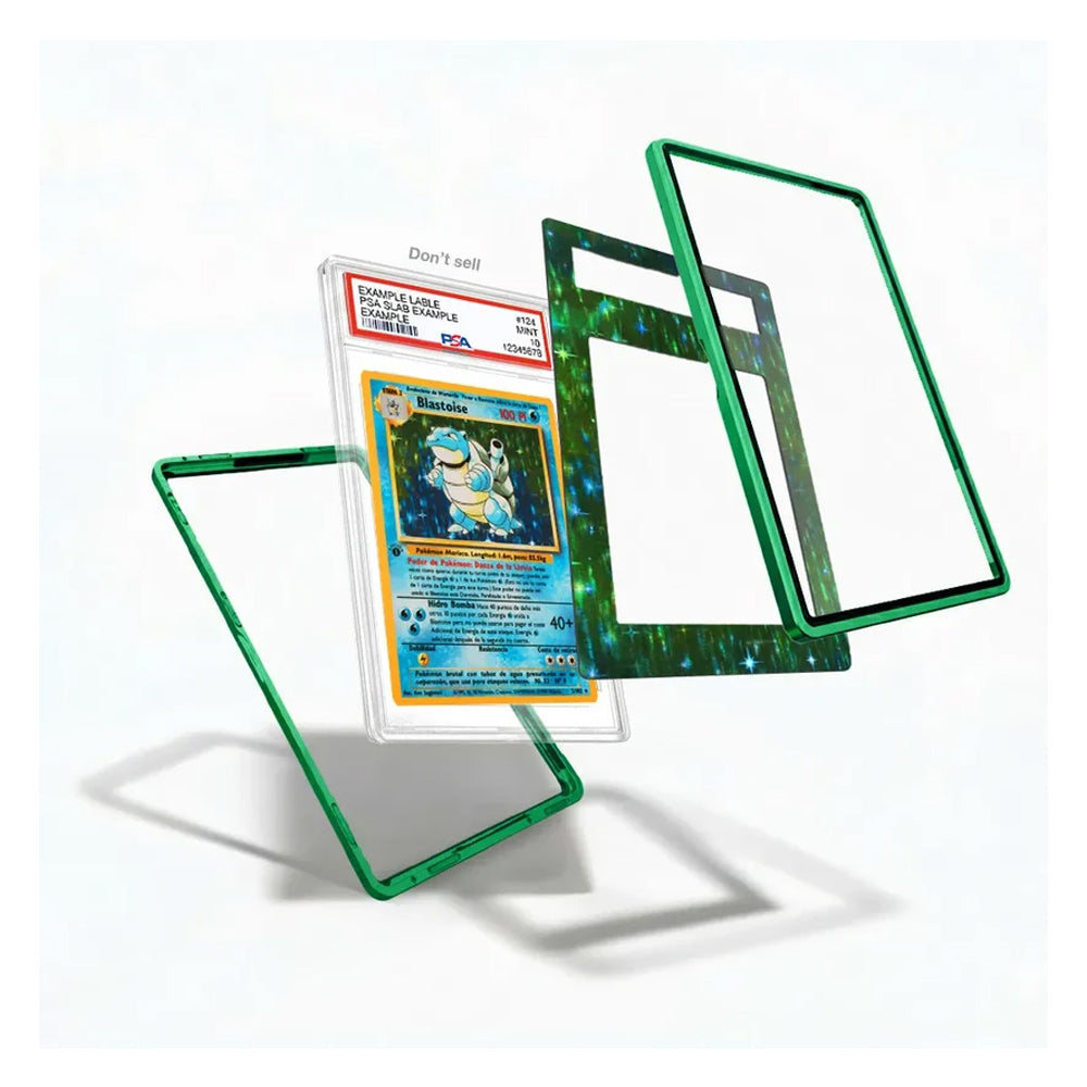 A clear acrylic display card case with a green glittery border, shown in an exploded view with three separate panels and a graded Pokémon card inside, on a white background.