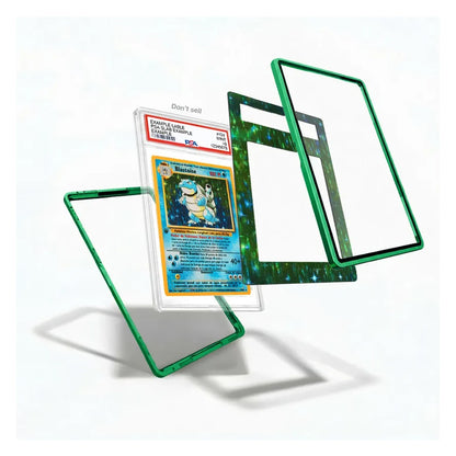 A clear acrylic display card case with a green glittery border, shown in an exploded view with three separate panels and a graded Pokémon card inside, on a white background.