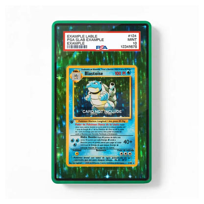 A green PSA slab-protected trading card encased in a clear protective holder, with a PSA grading label visible at the top. The card artwork shows a blue and yellow Blastoise illustration on a sparkling green background.