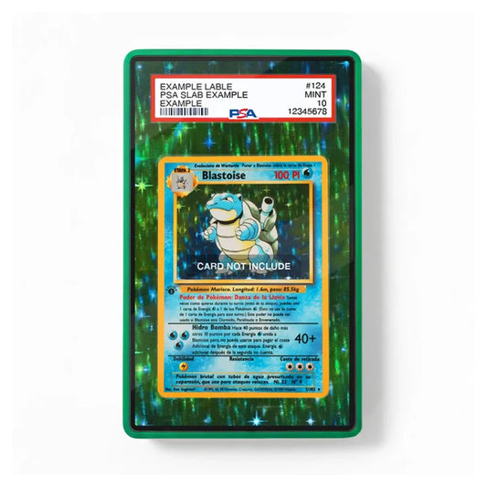 A green PSA slab-protected trading card encased in a clear protective holder, with a PSA grading label visible at the top. The card artwork shows a blue and yellow Blastoise illustration on a sparkling green background.