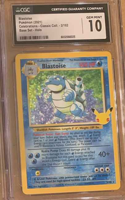 Blastoise trading card in a protective case with CGC certification