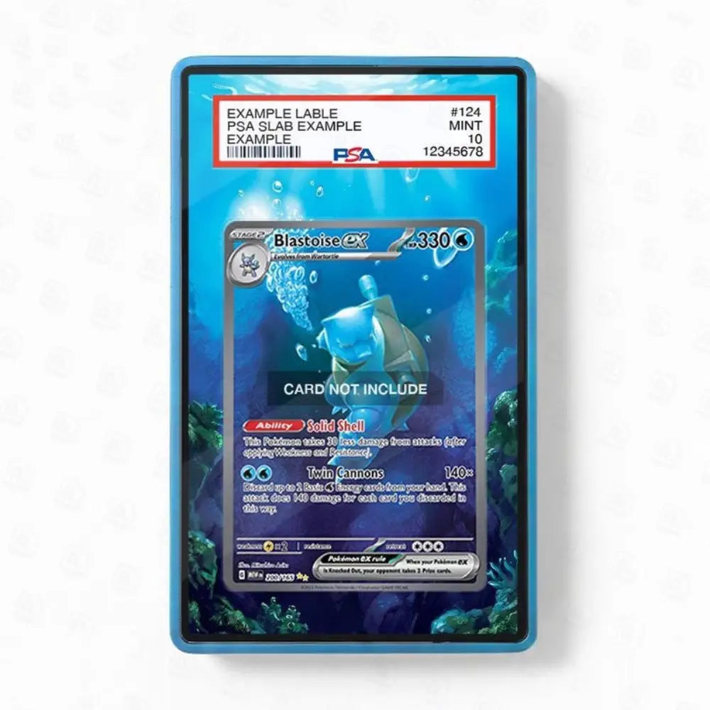 Pokémon trading card in a protective blue frame with label