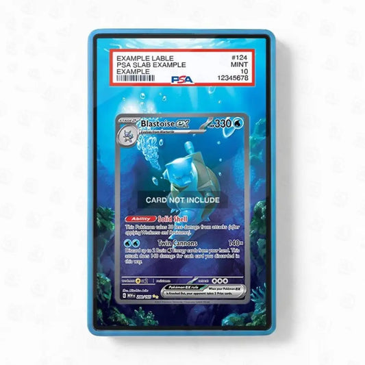 Pokémon trading card in a protective blue frame with label