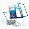 Trading card with protective blue frames on a white background