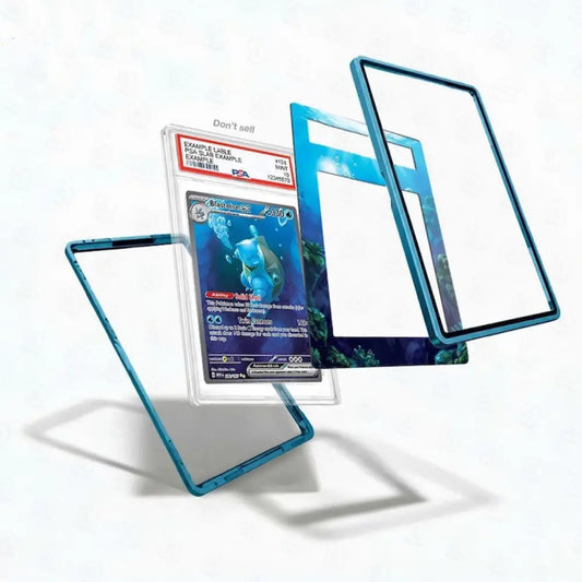 Trading card with protective blue frames on a white background