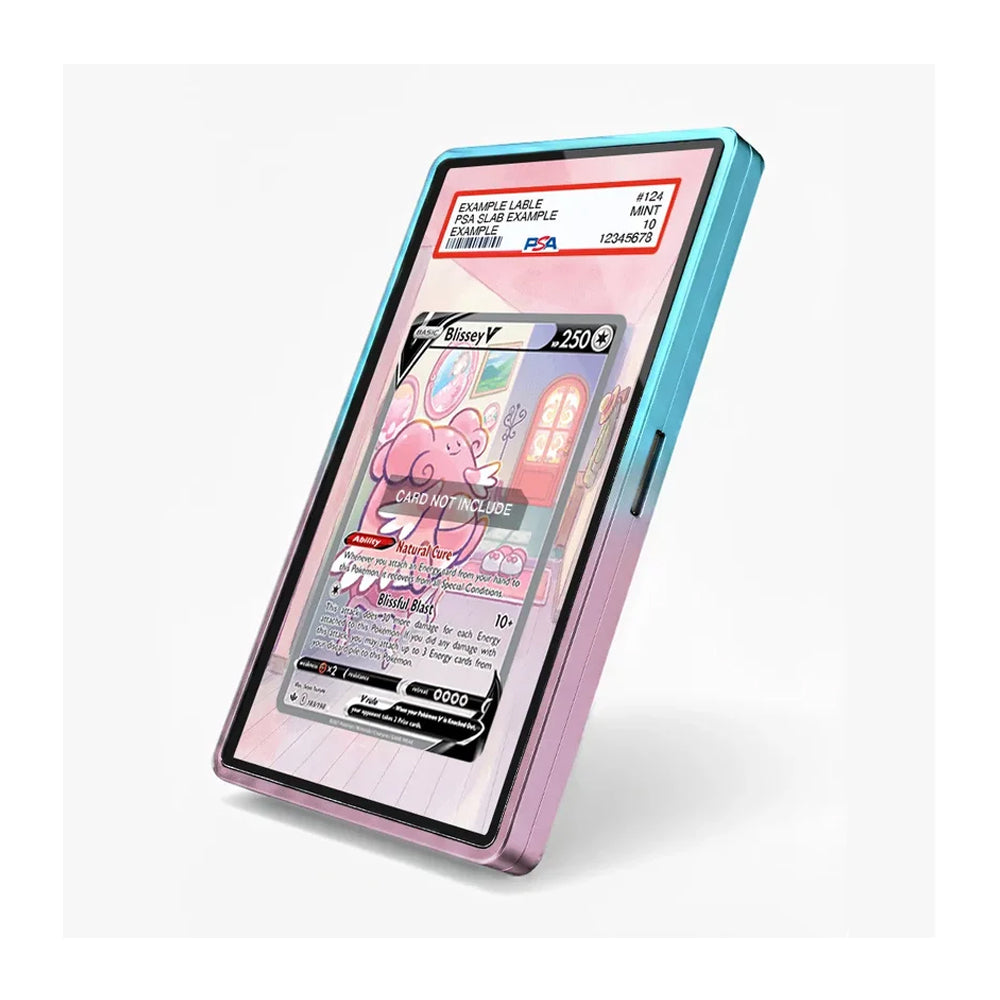 A pink and blue gradient protective phone case shown on a smartphone displaying a Pokémon card, set against a clean white background.