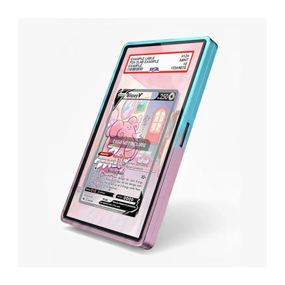 A pink and blue gradient protective phone case shown on a smartphone displaying a Pokémon card, set against a clean white background.