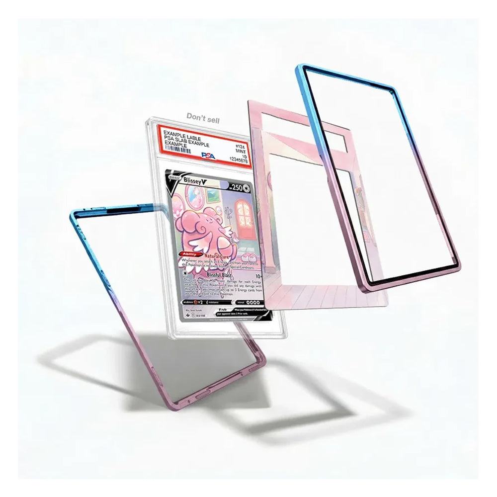 Three transparent phone screen protectors with colored borders are shown floating around a Pokémon trading card in a clear holder on a white background. One protector has a blue border, one has a pink border, and one is clear with a dark border.
