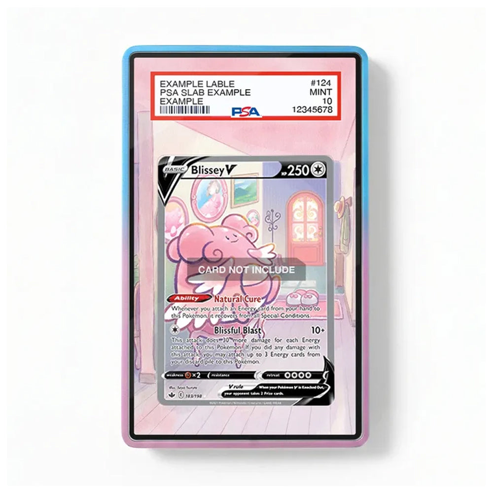 A PSA graded holographic display card featuring a pink Blissey V Pokémon card, presented in a clear acrylic slab with a blue and pink border. The slab is graded PSA 10 Mint by the PSA logo on the top label.