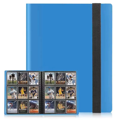 Blue trading card album with black strap on a white background