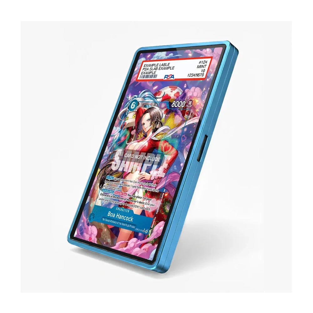A blue smartphone case shown at an angle on a light gray background, with a colorful anime-style screen wallpaper visible inside the phone.