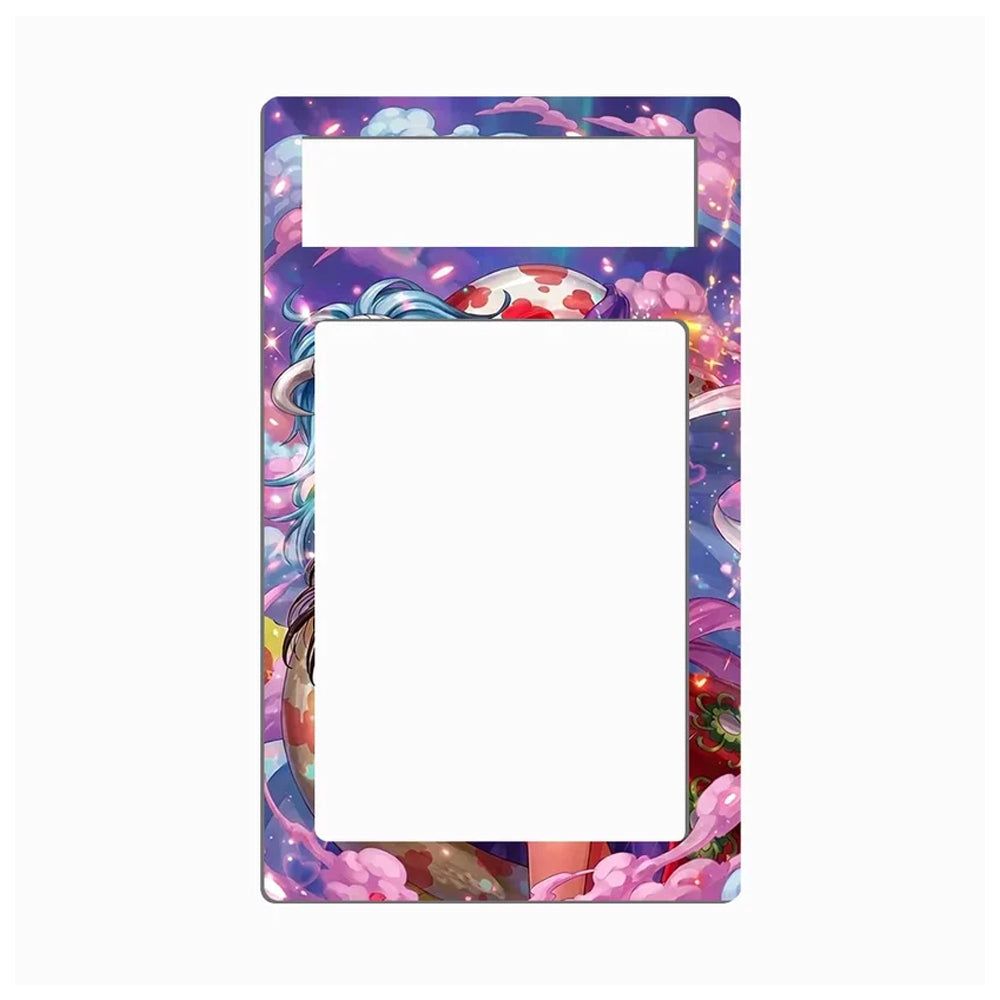 A decorative rectangular frame or border with rounded corners, featuring a colorful anime-style illustration around the edges and two blank white rectangular cutouts near the top, shown on a plain light gray background.