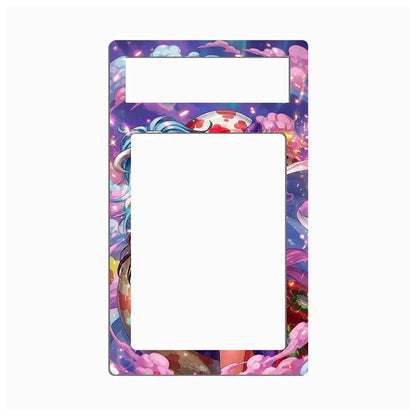 A decorative rectangular frame or border with rounded corners, featuring a colorful anime-style illustration around the edges and two blank white rectangular cutouts near the top, shown on a plain light gray background.